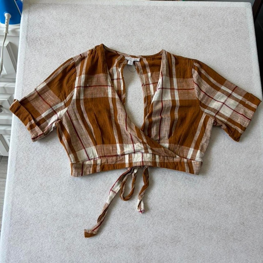 Topshop Brown and Beige Wrap Crop Top